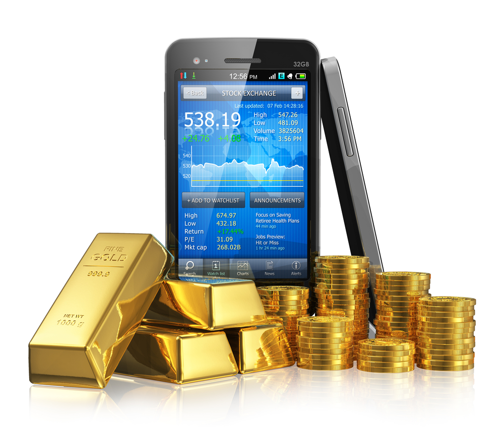 Creative business financial corporate stock exchange trading and making money and profit investment concept: black glossy touchscreen smartphone with stock market application, golden ingots and gold coins isolated on white background with reflection effect